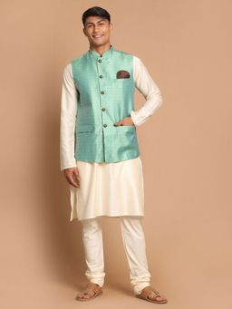 Vastramay - Mens Green and Cream Viscose Jacket - Kurta and Pyjama (Set of 3)