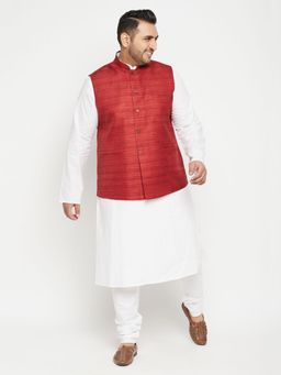 Vastramay - Men White Cotton Blend Jacket Kurta Churidar
