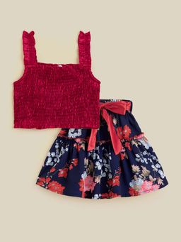 Hopscotch - 2-Pc Red Textured Blouse & Skirt with Belt