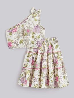 Hopscotch - 2-Pc Cotton Floral Off White Blouse & Skirt