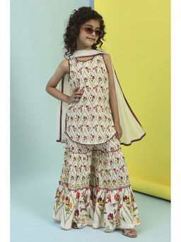 Biba - White Floral Kurta with Sharara and Dupatta (Set of 3)