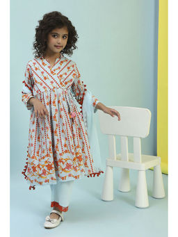 Biba - Off White Floral Kurta with Palazzo and Dupatta (Set of 3)