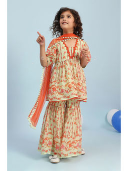 Biba - Green Floral Kurta with Sharara and Dupatta (Set of 3)