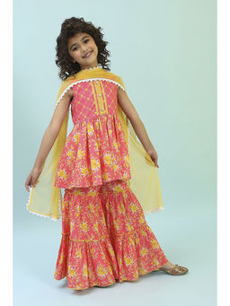 Biba - Pink Floral Kurta with Sharara and Dupatta (Set of 3)