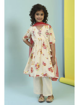 Biba - Cream Floral Kurta with Palazzo and Dupatta (Set of 3)