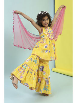 Biba - Yellow Floral Kurta with Sharara and Dupatta (Set of 3)