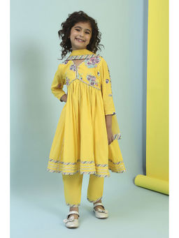 Biba - Yellow Floral Kurta with Pant and Dupatta (Set of 3)