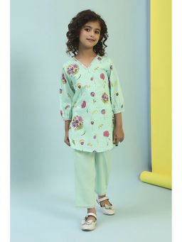 Biba - Turquoise Floral Kurta and Pant (Set of 2)