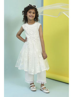 Biba - White Embroidered Kurta with Palazzo and Dupatta (Set of 3)