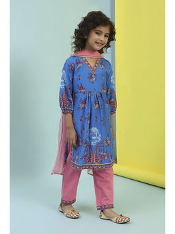 Biba - Blue Floral Kurta with Pant and Dupatta (Set of 3)