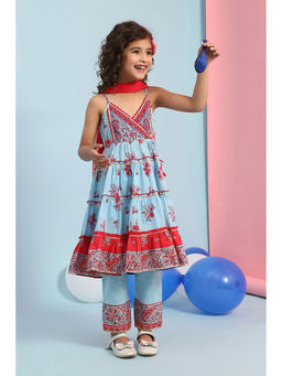 Biba - Blue Floral Kurta with Pant and Dupatta (Set of 3)