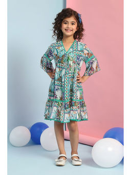 Biba - Green Printed A-Line Knee Length Dress