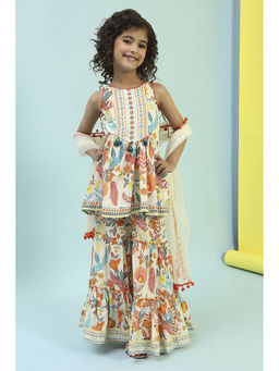 Biba - Multi-Color Floral Kurta with Sharara and Dupatta (Set of 3)