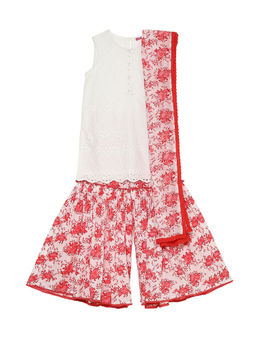 Biba - White Floral Kurta with Sharara and Dupatta (Set of 3)