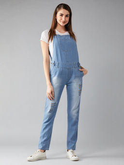 DOLCE CRUDO - Women Light Blue Regular Fit Mid Rise Ripped Denim Dungaree