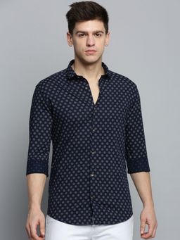 SHOWOFFFF - Mens Spread Collar Navy Blue Printed Shirt