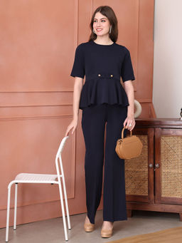 Exude - Women's Navy Blue Solid Co-Ord (Set of 2)