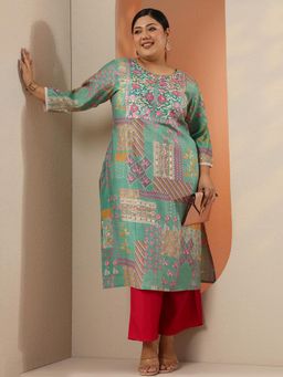 Extra love by Libas - Women Turquoise Floral Printed and Yoke Embroidered Straight Kurta
