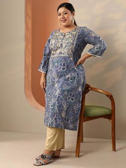 Extra love by Libas - Women Blue Floral Printed and Yoke Embroidered Straight Kurta