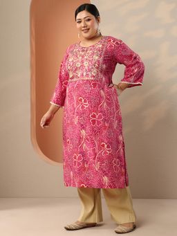 Extra love by Libas - Women Pink Floral Printed and Yoke Embroidered Straight Kurta
