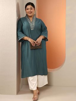 Extra love by Libas - Women Blue Zari Embellished Yoke Straight Kurta with Puffed Sleeves