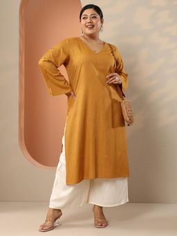 Extra love by Libas - Women Mustard Yoke Embellished Striped Kurta