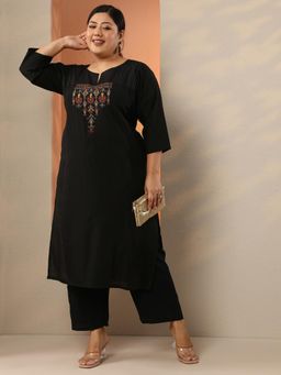 Extra love by Libas - Women Black Ethnic Motif Yoke Embroidered Straight Kurta