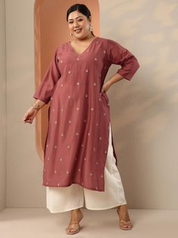 Extra love by Libas - Plus Size Women Rust Floral Motifs Embroidered Straight Kurta