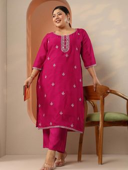 Extra love by Libas - Women Pink Floral Motif Embroidered Straight Kurta with Lining