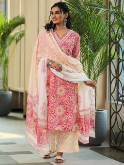 Libas - Women Printed Cotton Straight Kurta and Palazzo with Dupatta