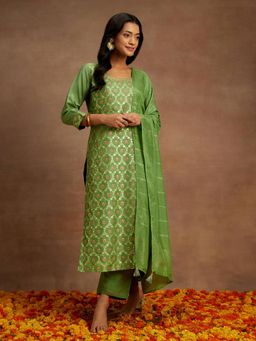 Libas - Women Woven Design Silk Blend Straight Kurta and Pant with Dupatta