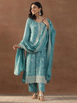 Libas - Women Blue Floral Embroidered Straight Kurta and Pant with Dupatta