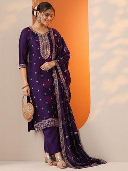 Libas - Women Embroidered Silk Blend Straight Kurta and Pant with Dupatta