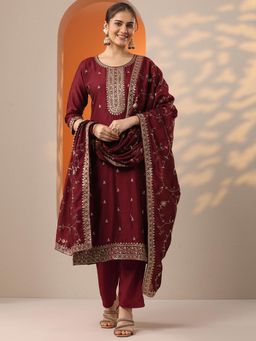 Libas - Women Embroidered Silk Blend Straight Kurta and Pant with Dupatta