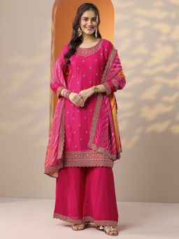 Libas - Women Embroidered Silk Blend Straight Kurta and Palazzo with Dupatta