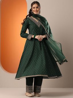 Libas - Women Woven Design Silk Blend Flared Anarkali and Pant with Dupatta Set
