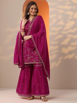 Libas - Women Embroidered Silk Blend Straight Kurta and Sharara with Dupatta