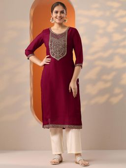 Libas - Women Embroidered Silk Blend Straight Kurta