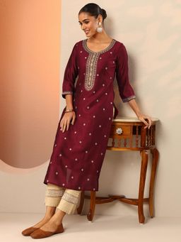 Libas - Women Maroon Ethnic Motif Embroidered Straight Kurta