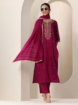 Libas - Women Embroidered Silk Blend Straight Kurta and Pant with Dupatta