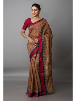 Unnati Silks - Brown Block Printed Sico Saree with Unstitched Blouse