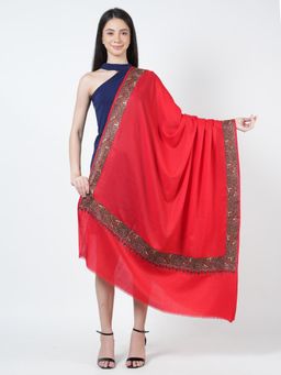 MUFFLY - Red Fine Wool Nanki Border Embroidered Thread Work Shawl
