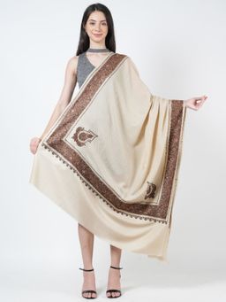 MUFFLY - Pashmina Cream Wool Nanki Border Kangri Hand Embroidered Thread Work Shawl