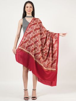 MUFFLY - Women Embroidered Wool Maroon Shawl Heavy Jal With Swarovski Crystal