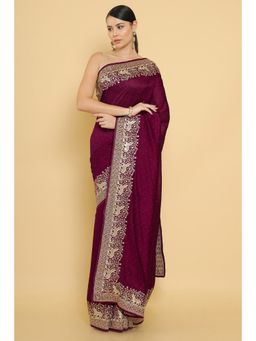 Soch - Maroon Tussar Silk Saree & Stone Work with Unstitched Blouse