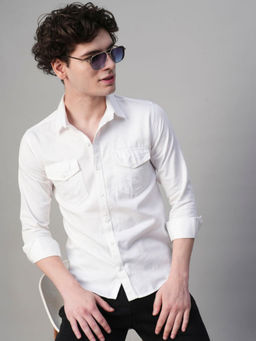 TRYBUY.IN - Solid White Cotton Linen Double Pocket Shirt For Men