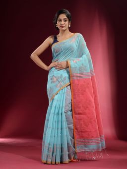CHARUKRITI - Powder Blue with Floral Zari and Contrast Pallu Saree with Unstitched Blouse
