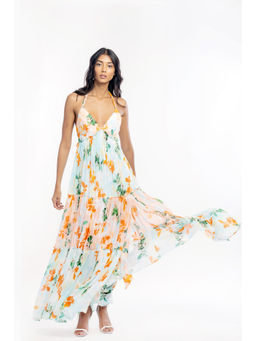 MANDIRA WIRK - Chiffon Printed Layered Halter Neck Dress Peach & Blue