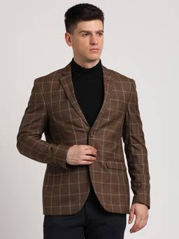 Turtle - Men Cotton Stretch Dobby Checkered Brown Blazer