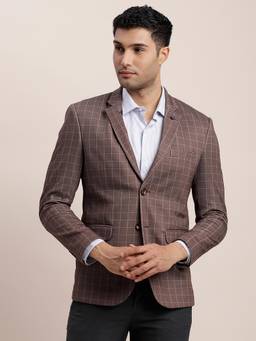 Turtle - Men Knitted Tr Checkered Brown Blazer